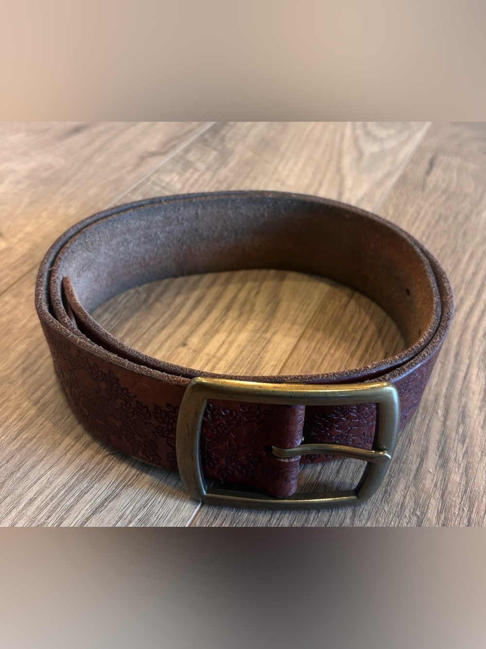Lucky Brand Brown Leather Belt Embossed Floral Antique Brass Buckle